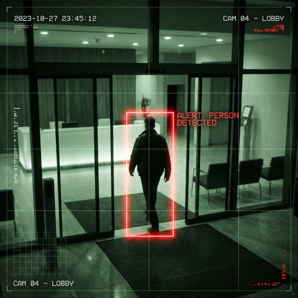 Computer vision feed flagging an unauthorized person crossing a restricted perimeter