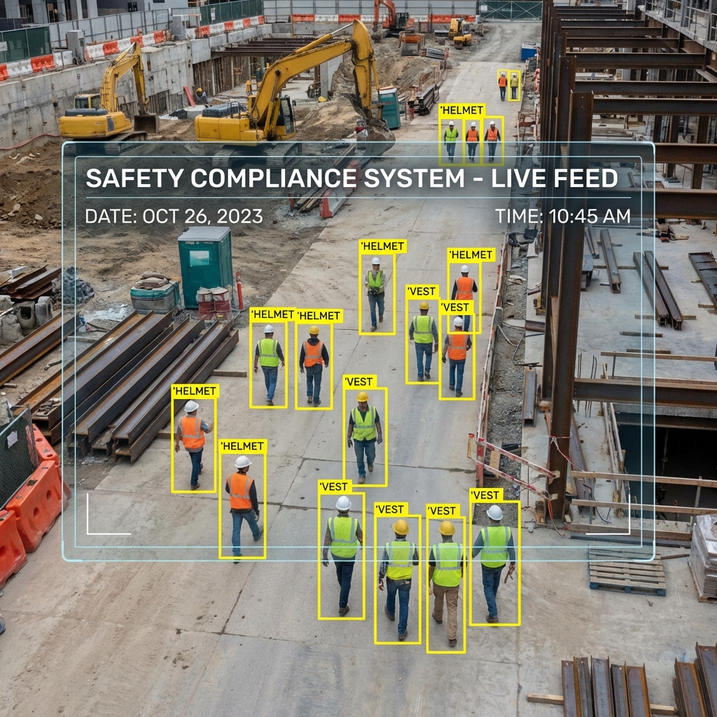 Construction worker detected wearing required helmet and high-visibility vest on site