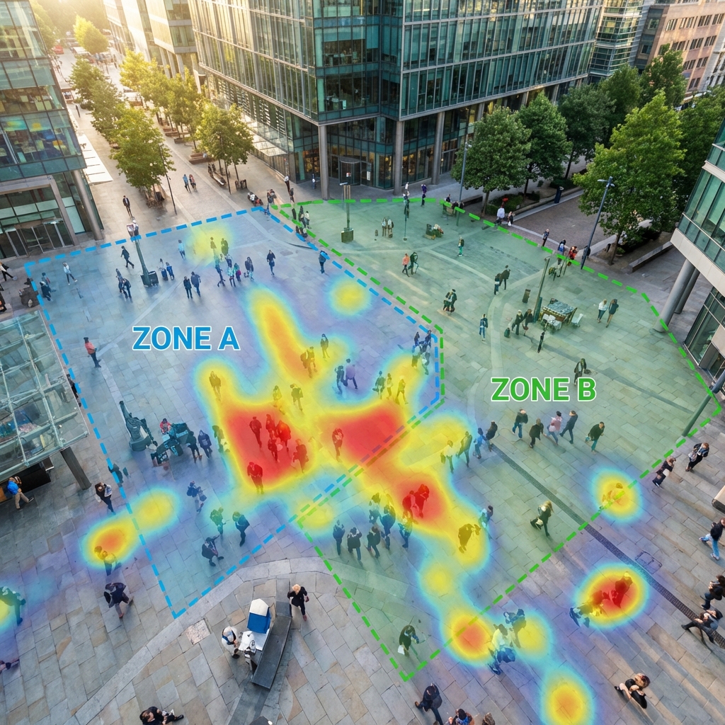 Smart surveillance dashboard with custom zones and behavior alerts overlaid on multiple camera feeds